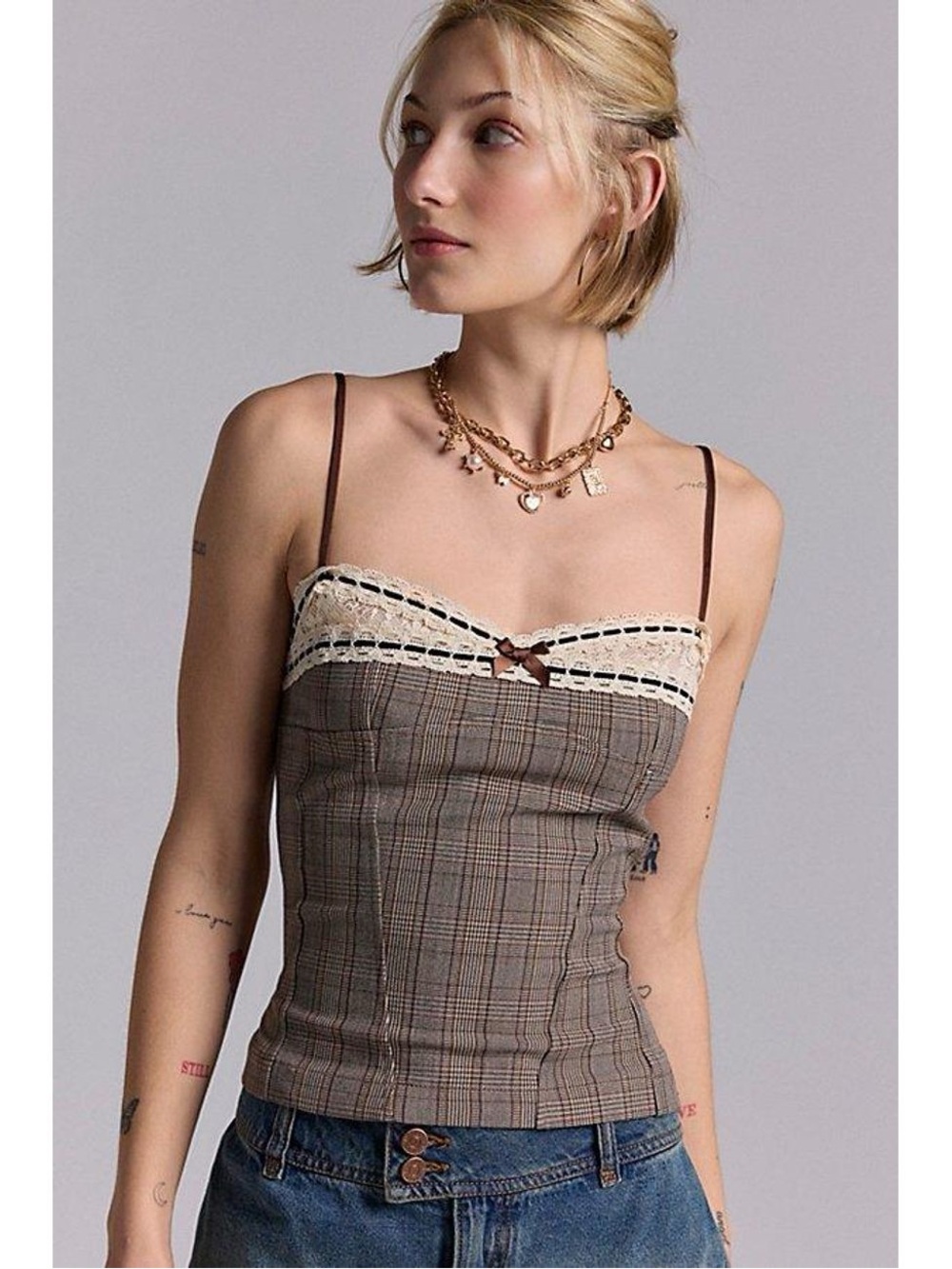 Kimchi Blue Plaid Brown Cami with Cream Lace Trim